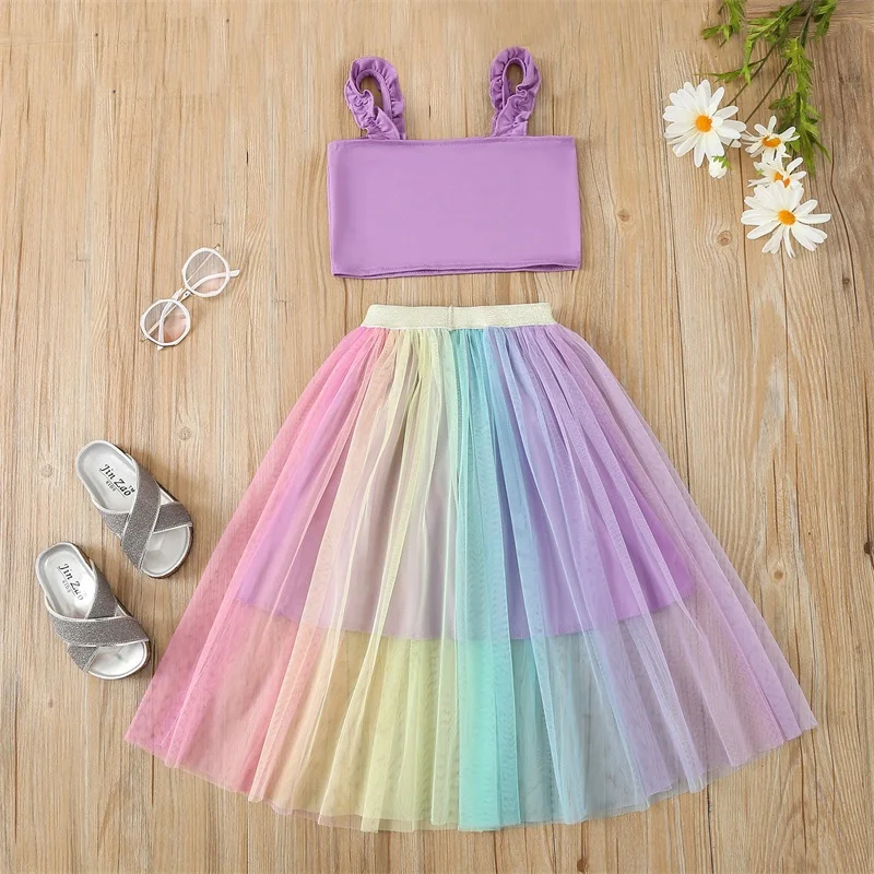 

Fashion Girls Clothes Sets Summer Sleeveless Tanks Tops + Mesh Skirt Sweet Style Rainbow / Sunflower 2pcs Outfits For 2-7Yrs