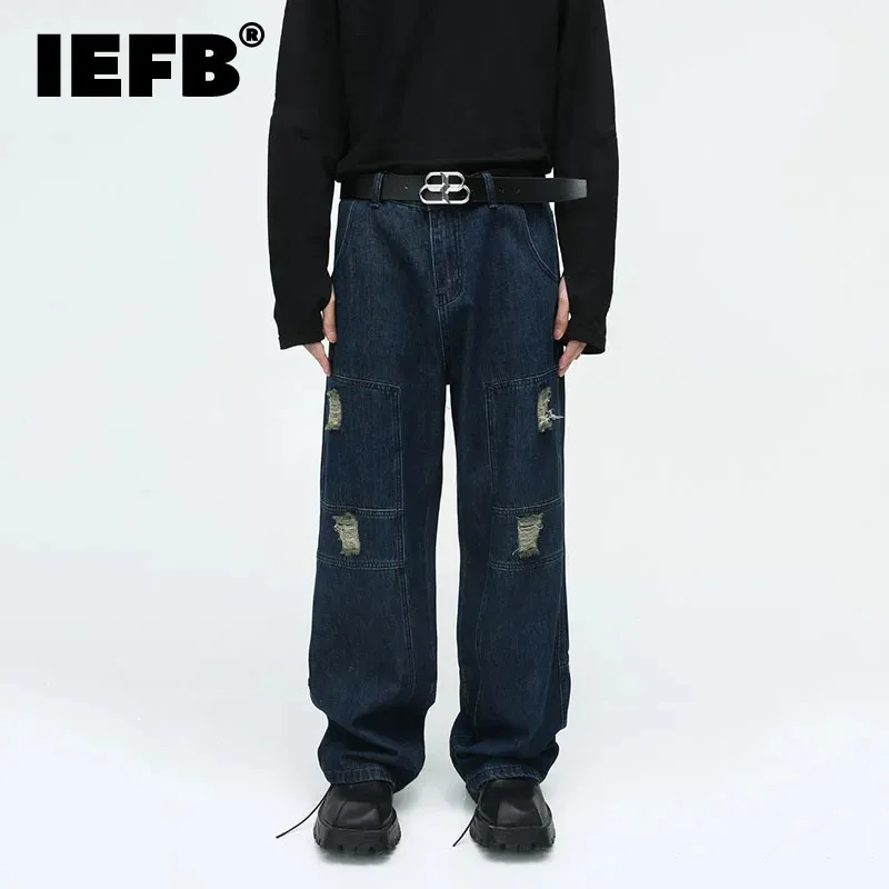 

Повседневные мужские джинсовые брюки IEFB, новинка, модные лоскутные джинсы с дырками и карманами, брюки с прострочкой в уличном стиле, осень 2023, Tide 9C2679