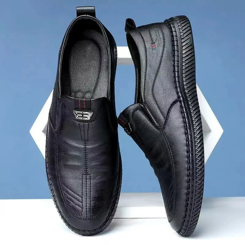 

Туфли мужские кожаные без застежки, деловой стиль, лоферы, дышащие, мягкие, повседневная обувь для вождения, плоская подошва, черные, на лето