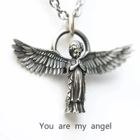 vintage silver color big wings angel pendant necklace birthday gifts anniversary jewelry for men womens long chain neck