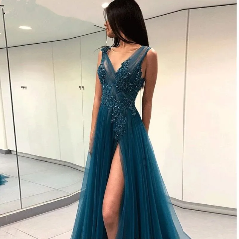 

Женское длинное вечернее платье с аппликацией, ТРАПЕЦИЕВИДНОЕ Тюлевое платье с разрезом спереди и бусинами, официальное платье для выпускн...