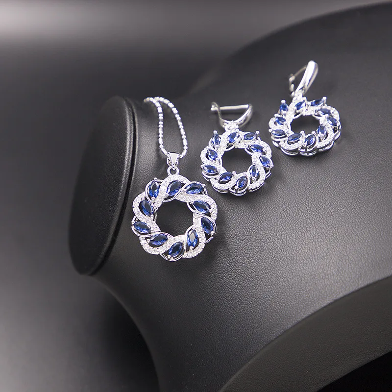 Синий камень круг серебро 925 бижутерия для женщин серьги-капли ожерелье комплект