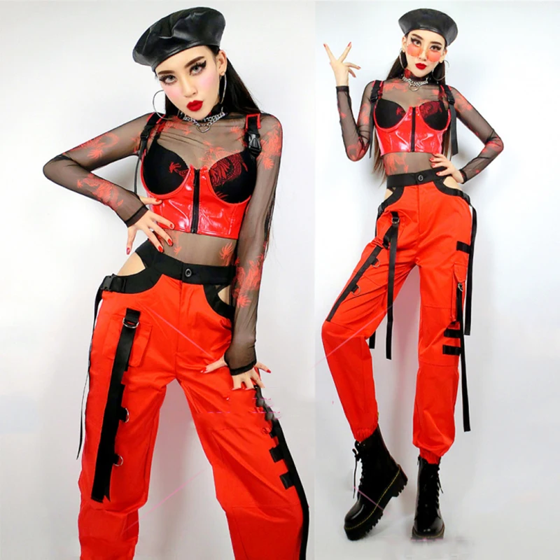 

Nightclub Bar Gogo Dancer Outfit Red Leather Vest Pants Mesh Bodysuit Sexy Dj Costume Women Party Rave Dance Clothes DNV15926