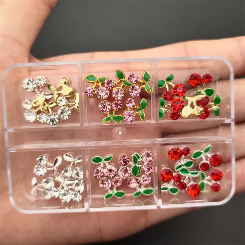 

Украшение для ногтей, 6 ячеек, Разноцветные Подвески из сплава в виде вишни, подвески для ногтей с плоской задней стороной, стразы для дизайн...