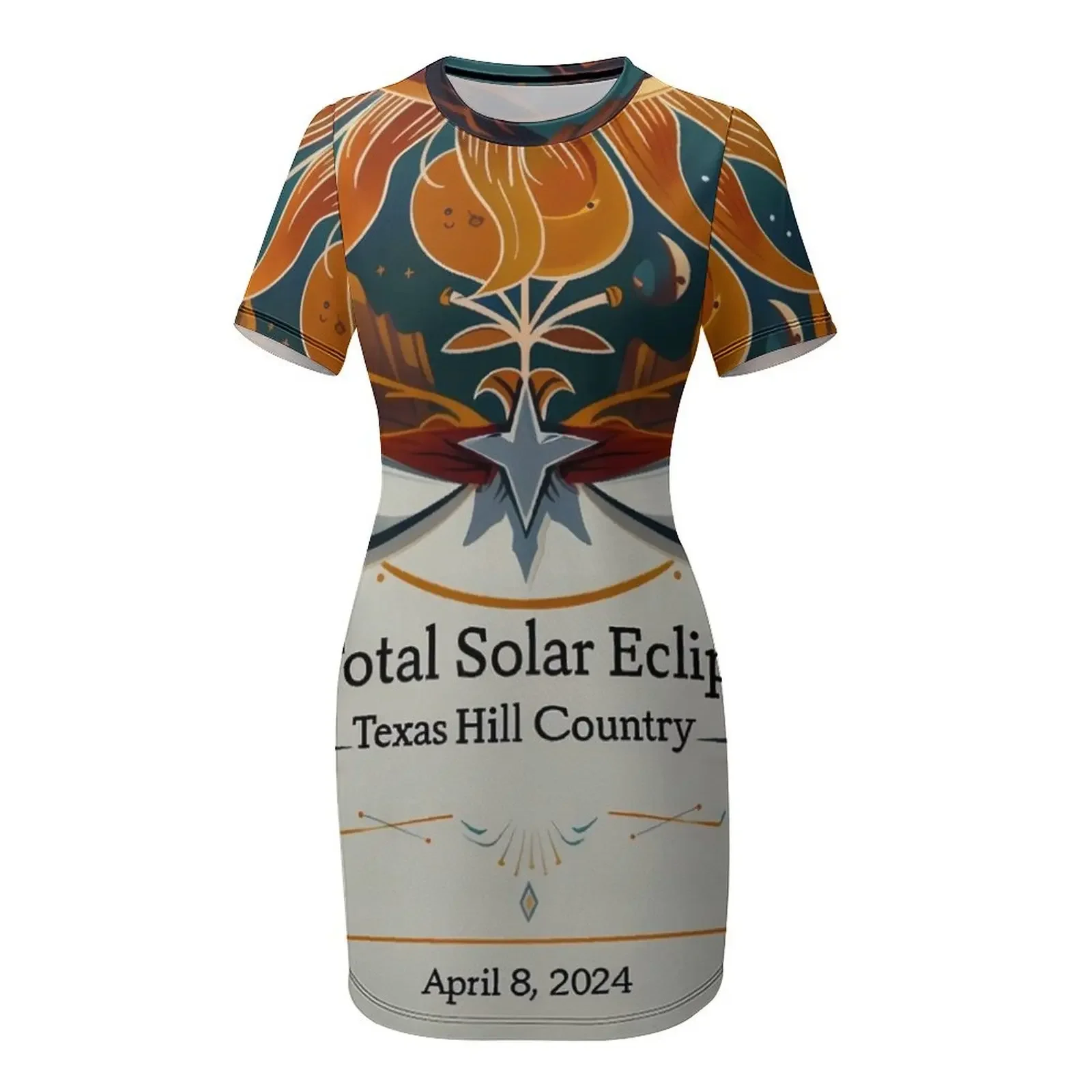 Eclipse Over Texas Hill Country: 23 апреля плакат с короткими рукавами и плакатом 2024 платье на