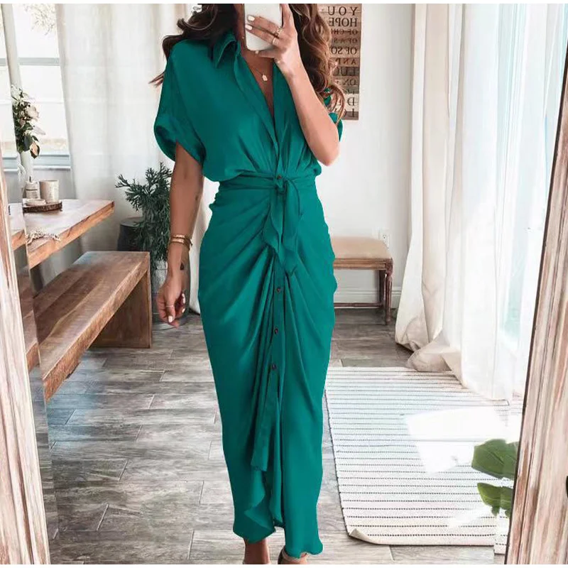 

Women's Summer Dresses Elegant Button Ruched Bandage Shirt Dress Fashion Casual Short Sleeve Solid V Neck Beach Party Maxi Dress