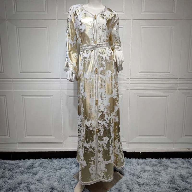 Arab Kaftan Jalabiya Women's Gold Stamping Lined Chiffon Muslim Long Dress Moroccan Caftan Evening Party Wedding Abaya Ramadan