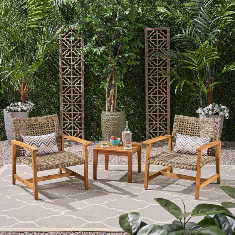 

Camdyn Outdoor 3 Piece Wood and Wicker Club Chairs and Side Table Set, Gray