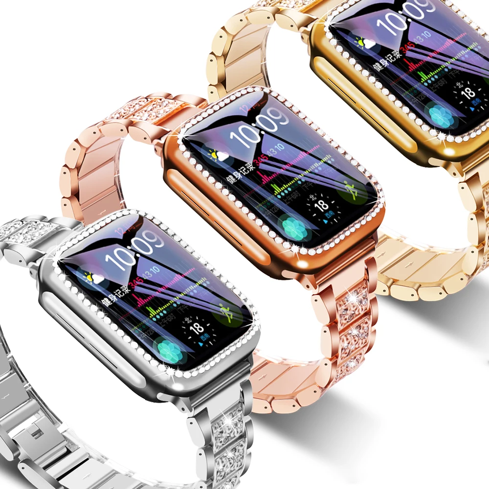 

Case+Bling Strap For Apple Watch Band 40mm 44mm 41mm 45mm 38mm 42mm 40 mm Diamond Metal bracelet iWatch series 3 4 5 6 se 7 band