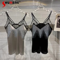 2022 summer new gradient rhinestone mercerized cotton silk chest pad vest sling womens sexy backless black camisole y2k tops