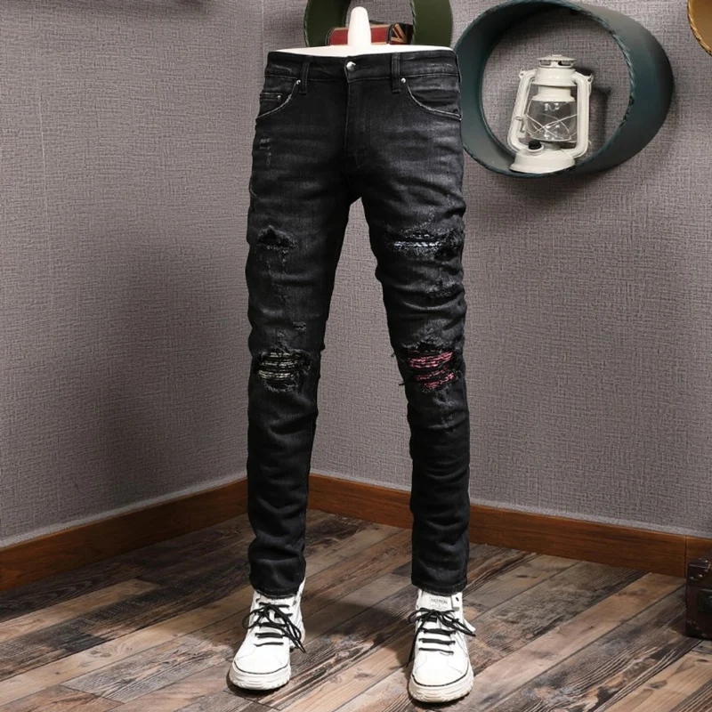 High Street Fashion Men Jeans Retro Black Gray Stretch Elastic Slim Ripped Jeans Men Patch Designer Hip Hop Brand Pants Hombre