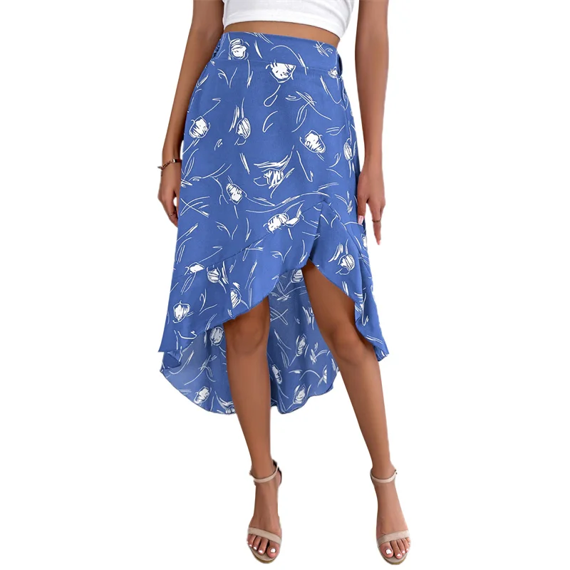

Summer Causal Beach Midi Skirts Women Elastic High Waist Floral Print Ruffles Skirt Irregular Hem for Daily Vacation