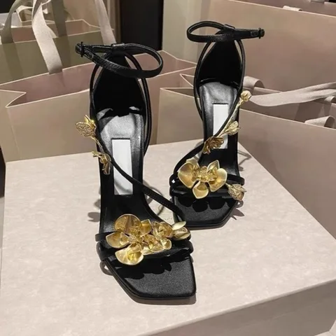 Сандалии женские на высоком каблуке, элегантные туфли с золотыми цветами, Роскошные туфли, элегантный каблук