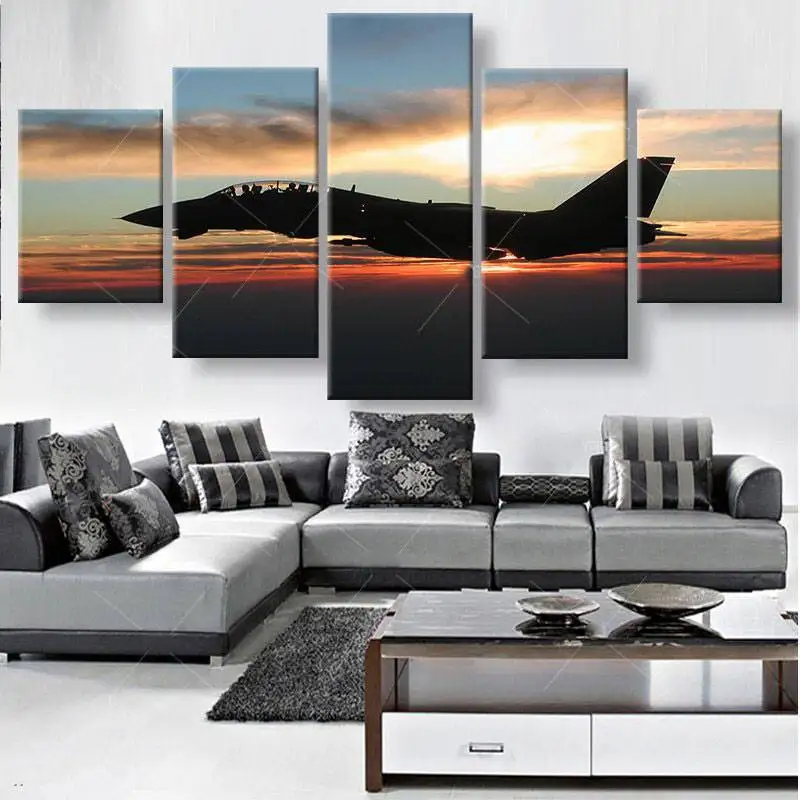 

5 Pcs Fighter Aircraft Flying In The Colours Sky Landscape Modern Home Wall Decor Canvas Picture Art Hd Print Painting Canva Art