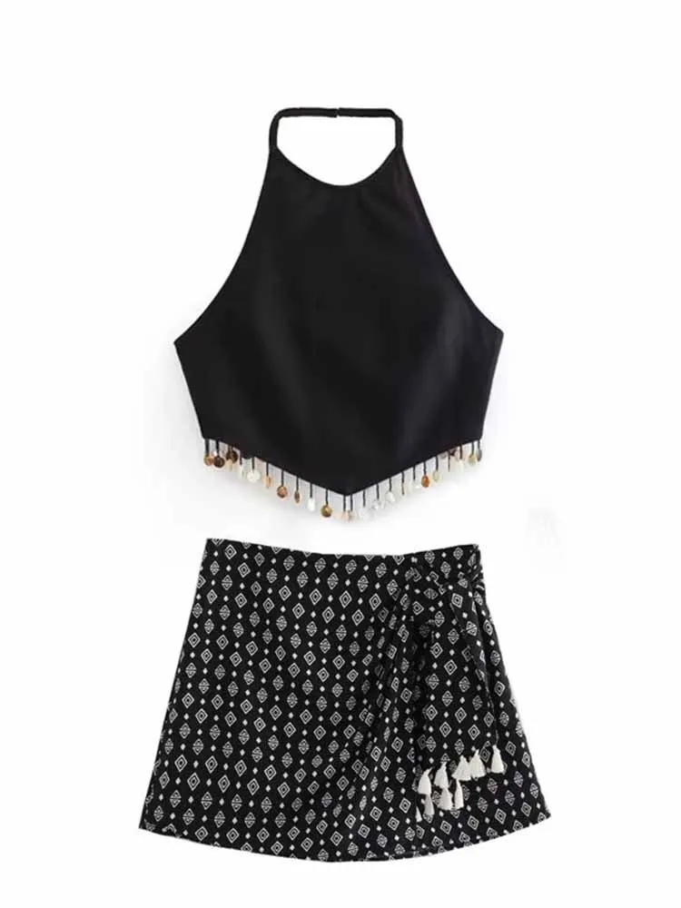 

Women summer New Fashion Coin decoration Hanging neck Cropped Tops Vintage sleeveless backless Female Shirts Chic Tops