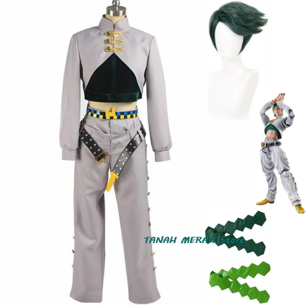 Anime JoJo's Bizarre Adventure The JOJOLands Rohan Kishibe Cosplay Costume Wig Grey Uniform Hairband Man Woman Halloween Suit