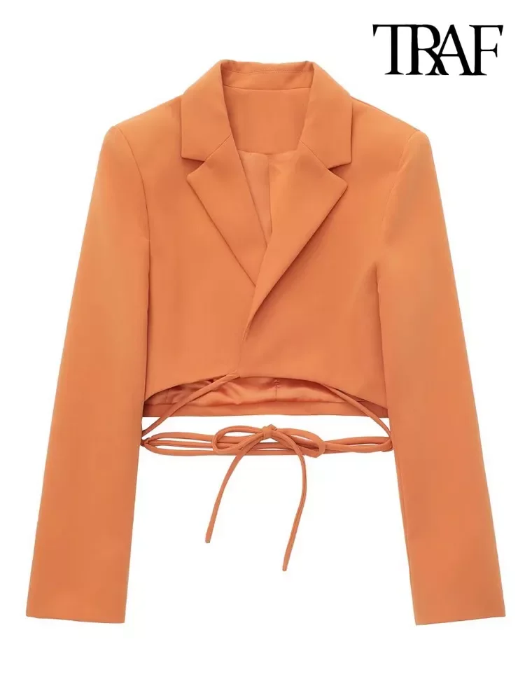 

TRAF Women Fashion With Tied Cropped Blazer Coat Vintage Long Sleeve Female Outerwear Chic Veste Femme
