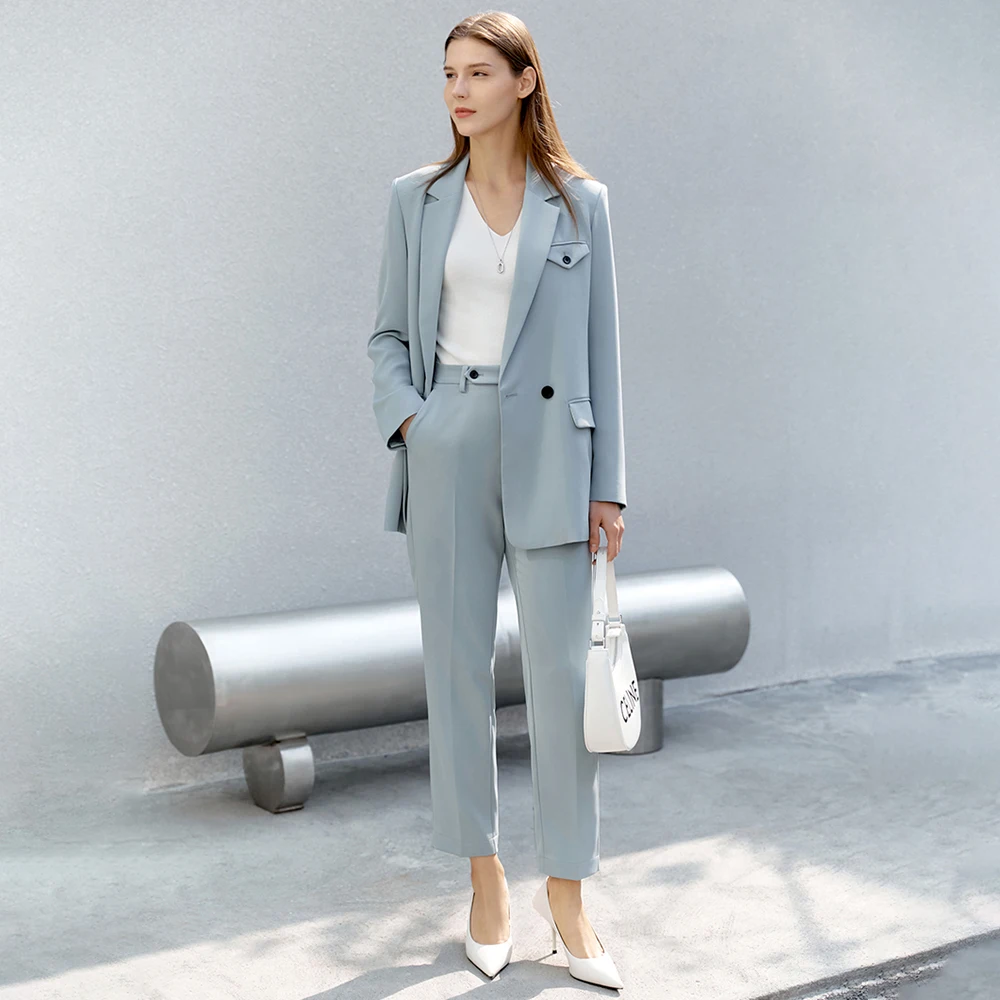 2023 New Minimalism Spring Blazer Women Suit Jacket Casual High Waist Loose Nine-Pants Office Lady Blazers with Belt Design