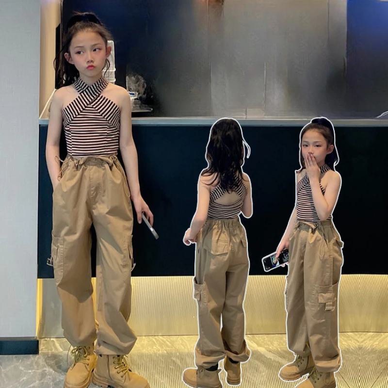 

Girls' Summer Set New Arrivals Chic Cross Knitted Striped Vest and Cargo Pants Set 2023 New Hip-Hop Street Dance Set