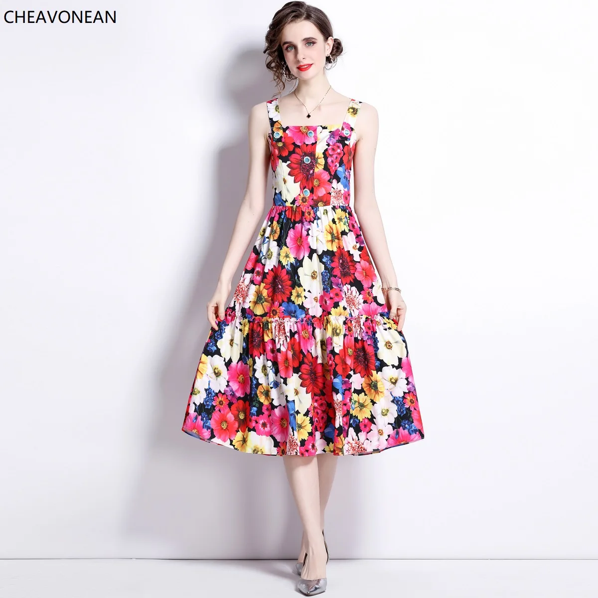 

CHEAVONEAN 2022 Vintage Print Flower Tank Dress Women Colorblock Sleeveless High Waist Summer Casual Basic Dresses Vestido