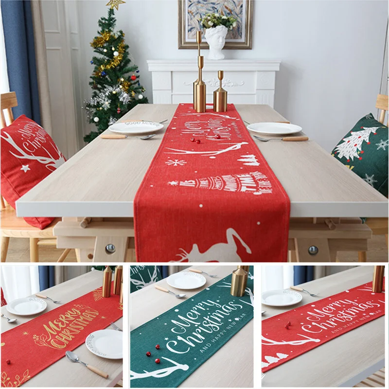 

Merry Christmas Tree Elk Printed Table Runner Cotton Linen Table Cover Christmas Decoration 2022 Happy New Year Party Tablecloth
