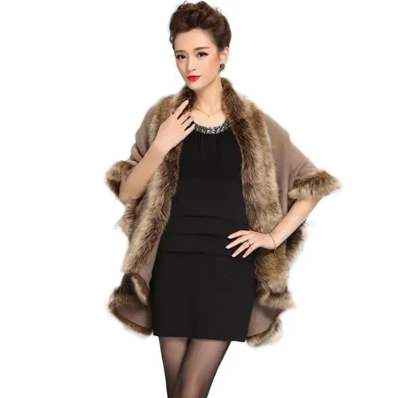 Черное зимнее теплое длинное вязаное Двухслойное пончо накидка оверсайз