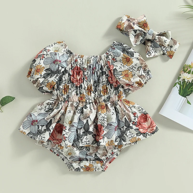 

Infant Baby's Clothes Girls Romper Dress Floral Print Short Puff Sleeve Skirt Hem Bodysuits Summer Jumpsuits with Headband