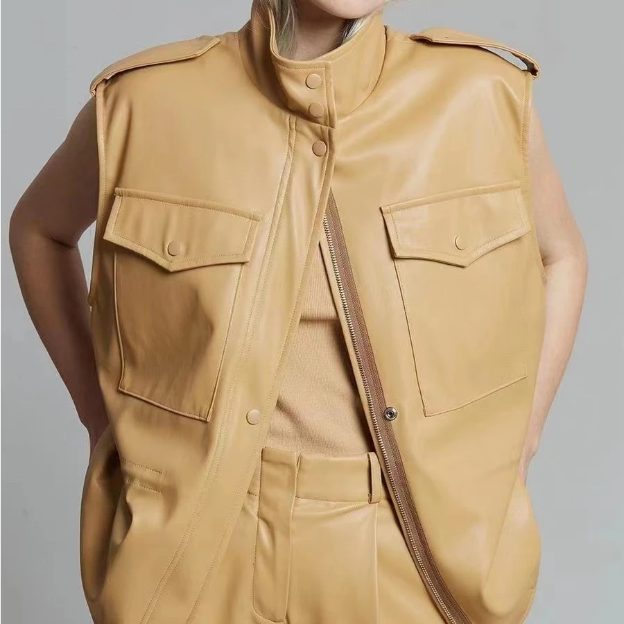 

Women Protein Leather sleeveless coat Simple Fashionable PU Jacket Vest