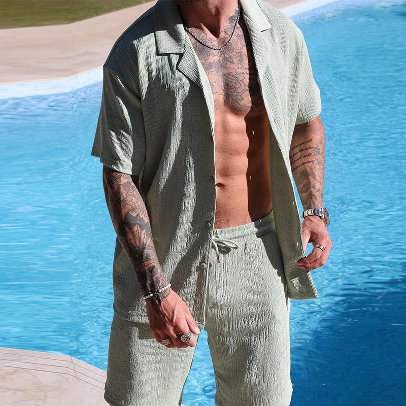 

Fashion Solid Shirts Two Piece Sets Male Streetwear Casual Short Sleeve Button Turn Down Collar Tops Shorts Suits Mens Clothing
