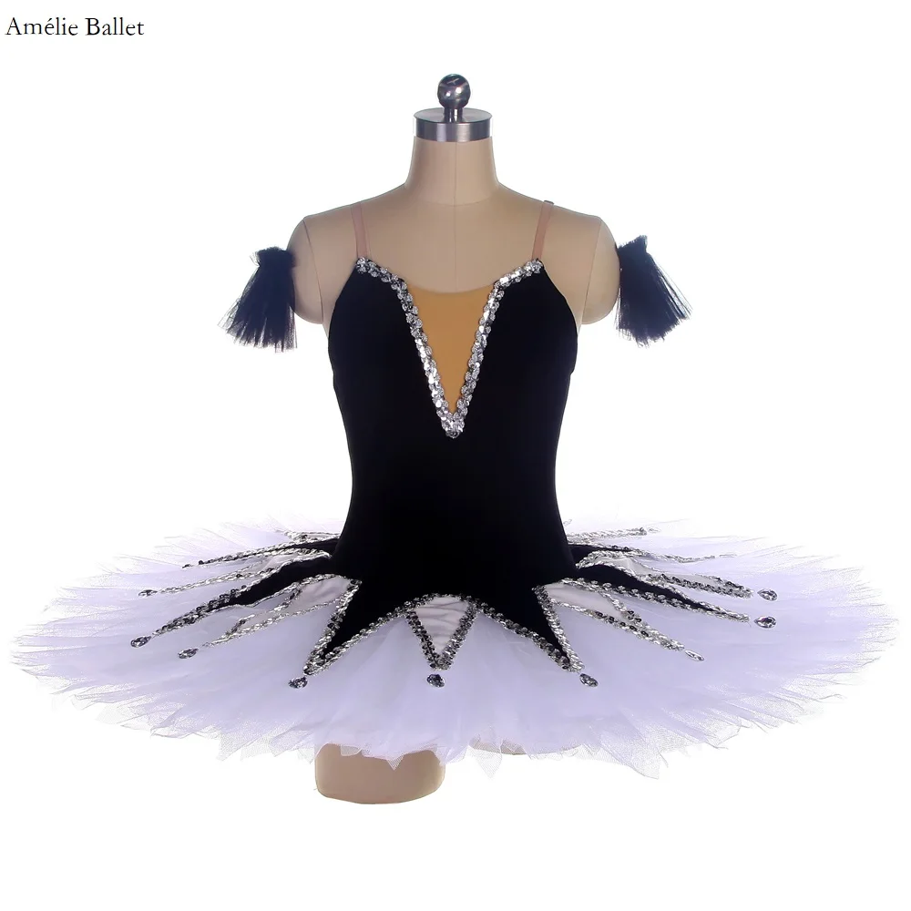 

Черная тянущаяся бархатная профессиональная балетная пачка BLL445 с серебряной отделкой блестками для девушек/женщин, одежда для выступлений и танцев