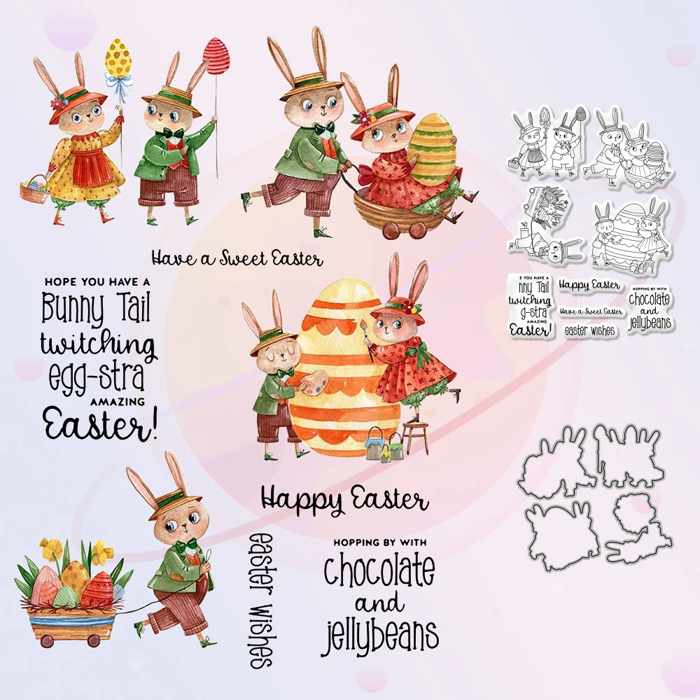 

Easter Eggs Rabbits Cutting Dies Clear Stamp DIY Scrapbooking Template Metal Cut Dies Silicone Stamp For Paper Cards Album Craft