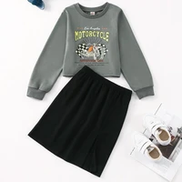 fashion girls outfits spring autumn kids clothes 2 piece sets motorcycle letter long sleeve topsskirt new teen girl suit 5 10y