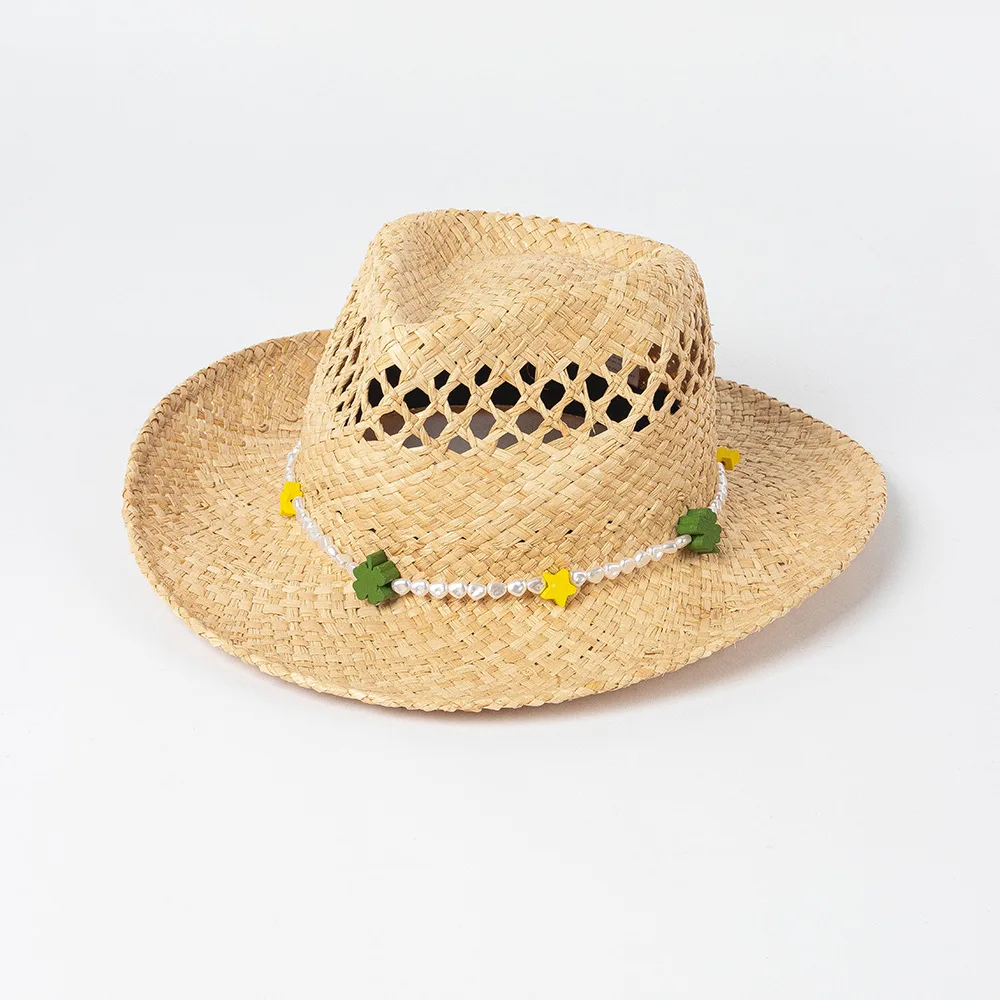 New Bohemian style hand-woven hollowed-out pearl building block chain in summer of 2023 Lafite jazz hat sunshade and sunscreen