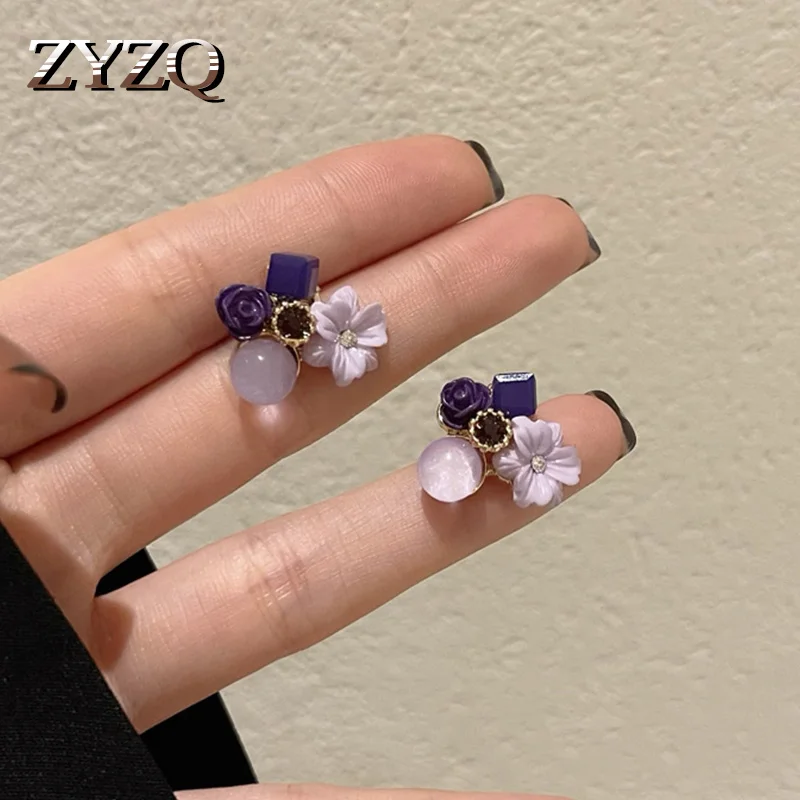

ZYZQ Sweet Elegant Purple Flower Lavender Bead Stud Earrings for Women Simple Korea Fashion Earrings Memorial Day Gift Jewelry