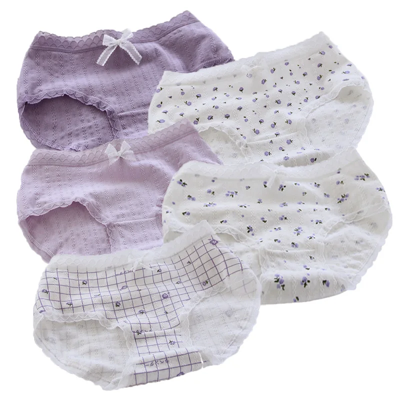 

Purple Ruffles Floral Plaid Panties For Girls Bow Soft Cotton Briefs Underwear Women Panties Broken flower women's Lingerie