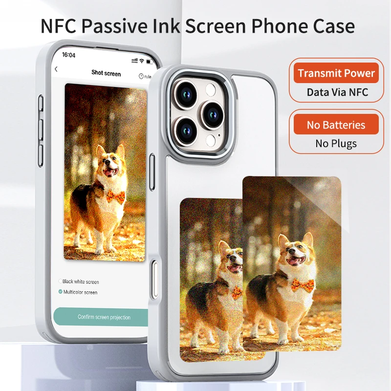 Фото Чехол для телефона с NFC и E-ink экраном, 4 цвета, передача изображений, 3.97 дюйма, для iPhone 16, 15, 14, 13 Pro Max, DIY чехлы с E-ink, чехол для iPhone с E-ink. №1