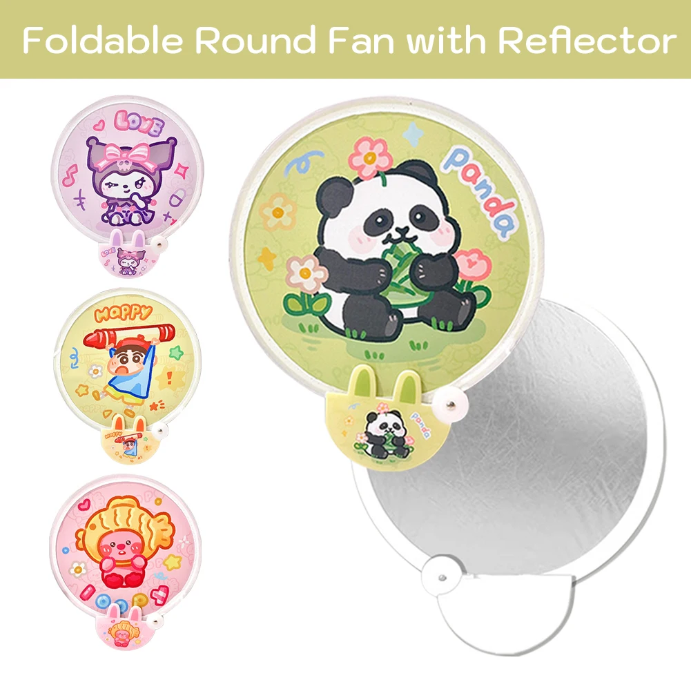 

Portable Folding Round Fan with Reflector Cartoon Handheld Fan Chinese Style Summer Foldable Round Shaped Fan Party Supplies