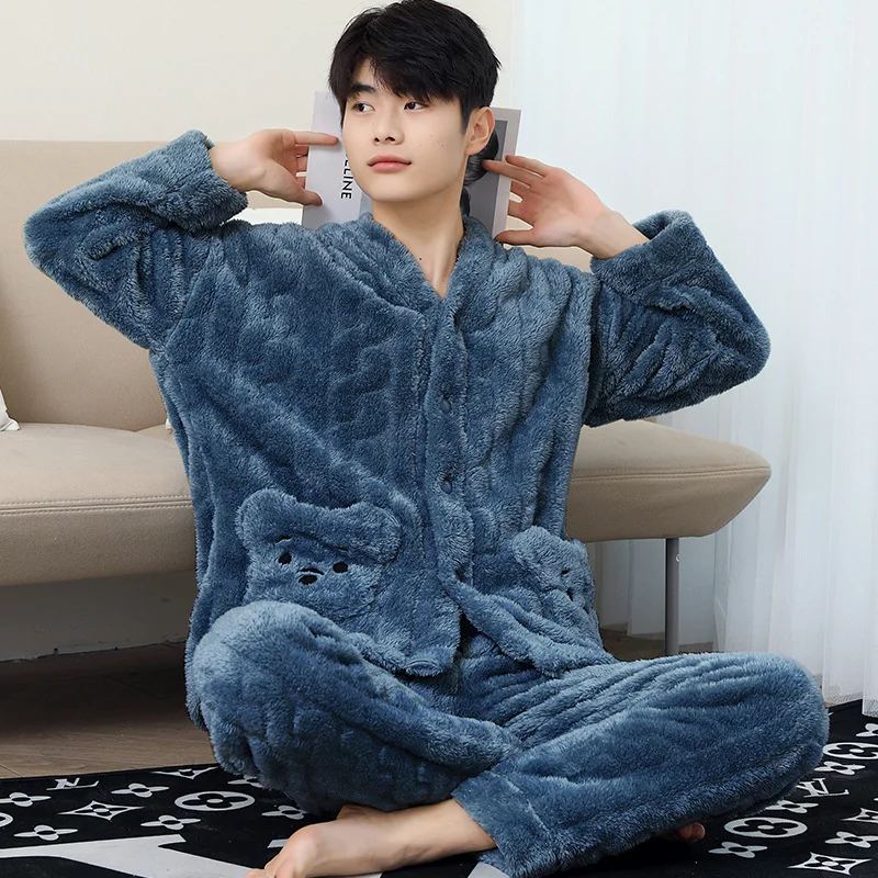 Winter Pajamas Set Casual Full Sleeve Sleepwear For Men Warm Soft Pyjama Man Thick Flannel Cartoon Bear Homewear Plus Size