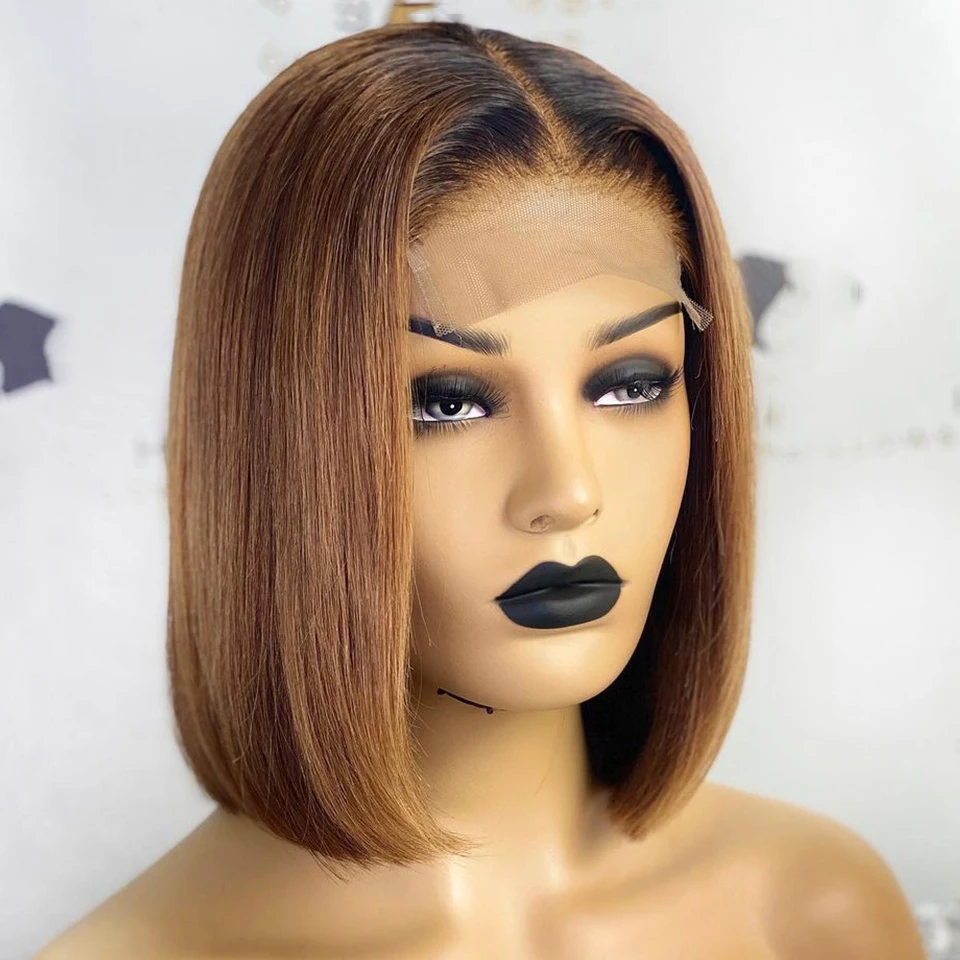 Short Bob Silk Straight Ombre Blonde Remy Human Hair Glueless Pre Plucked With Baby Hair 13x4 Lace Front Wig For Black Women