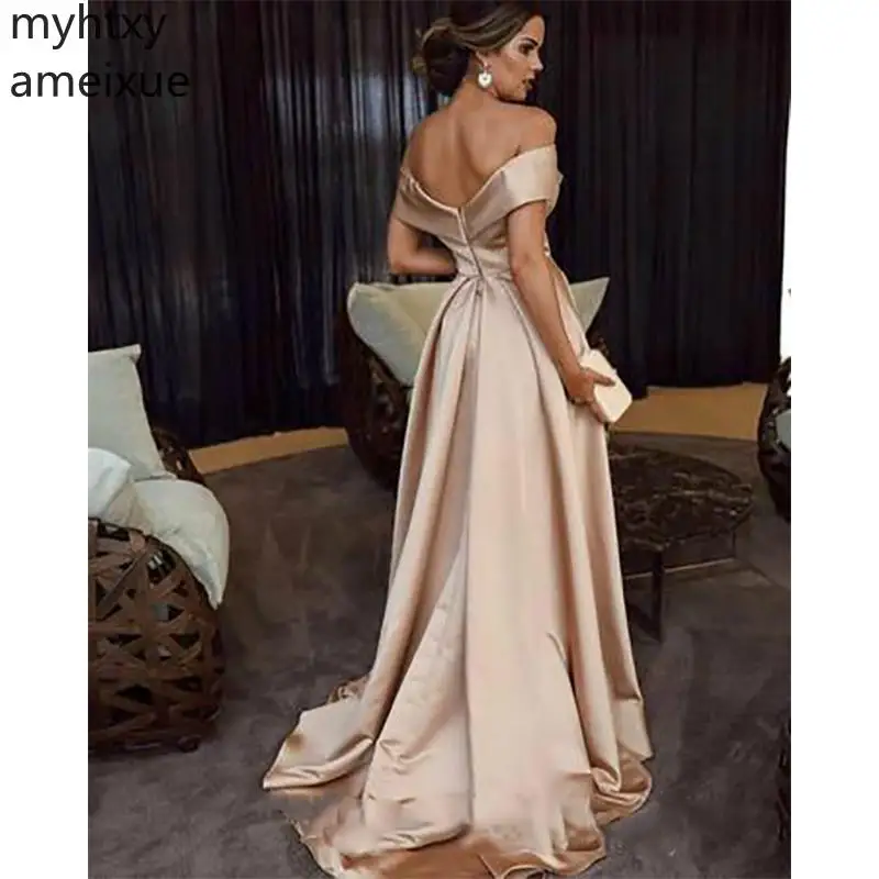 

Sexy 2023 Design A Line Shoulder Celebrity Pink Evening Dresses Sweep Train Champagne Satin Ruched Famous Robe De Soiree