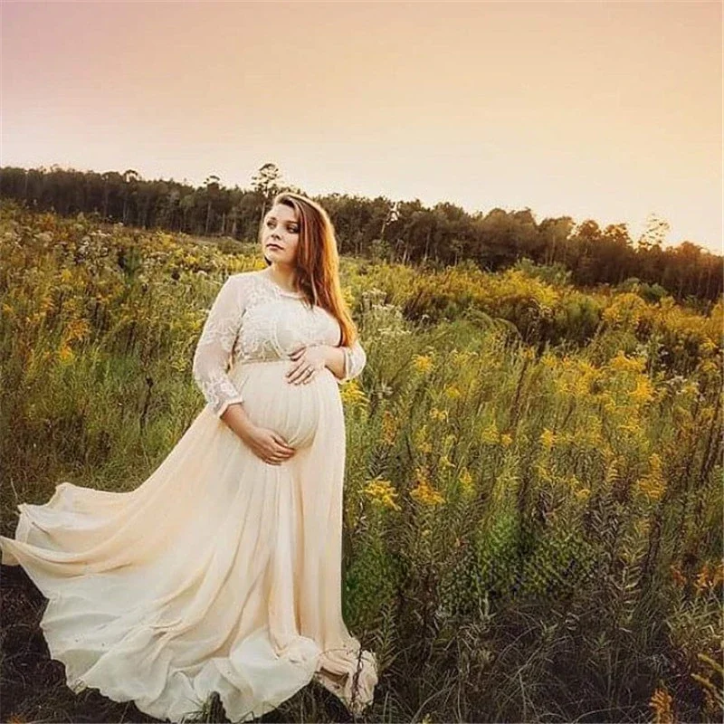 

Sexy Hollow Lace Maternity Photography Dresses Chiffon Solid Elegant Slim Pregnancy Dress Long Sleeve Crew Neck Trailing Skirts