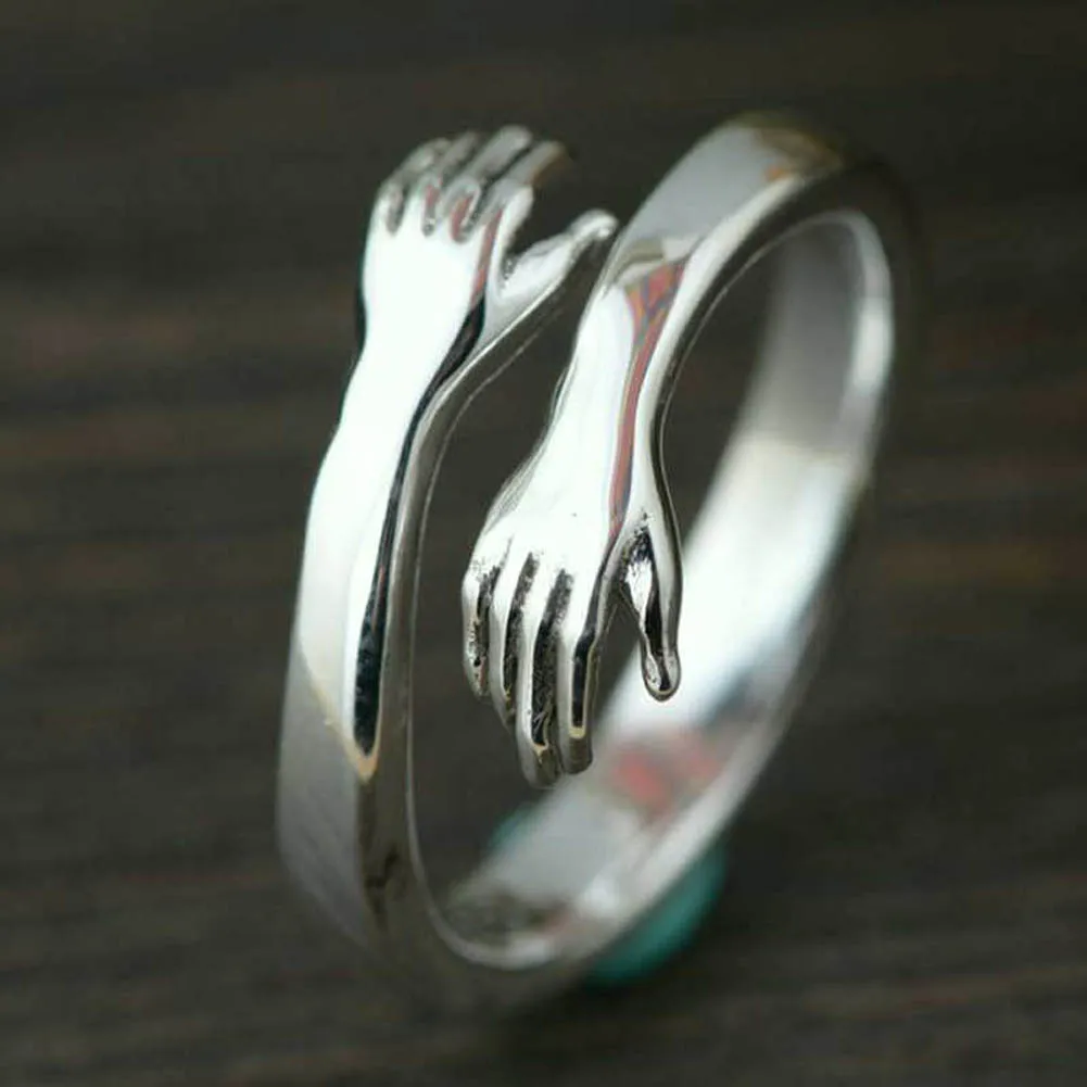 

2023New Women Girls Couple Rings Creative Love Hug Silver Color Open Resizable Ring Fashion Personality Jewelry Gifts for Lovers