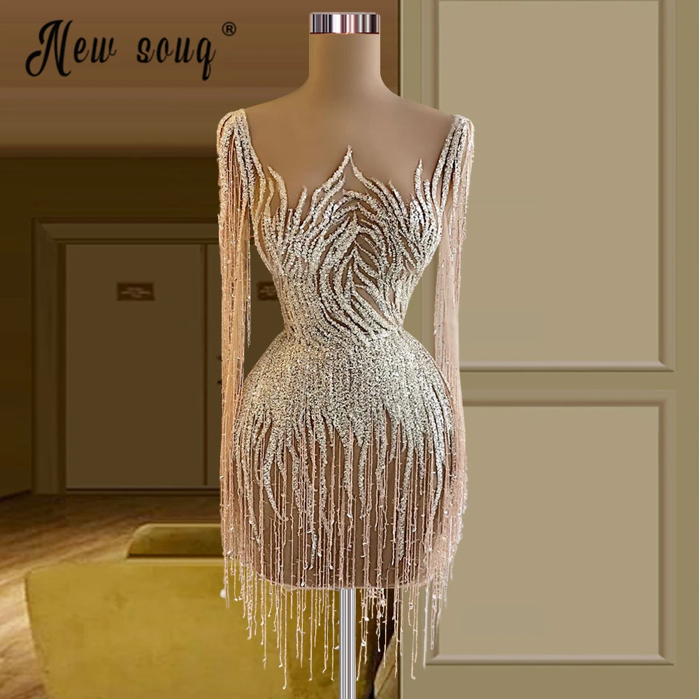 

High Quality Tassel Beading Cocktail Dresses Champagne Mermaid Crystals Short Sexy Prom Party Gowns Vestidos De Fiesta Pageant