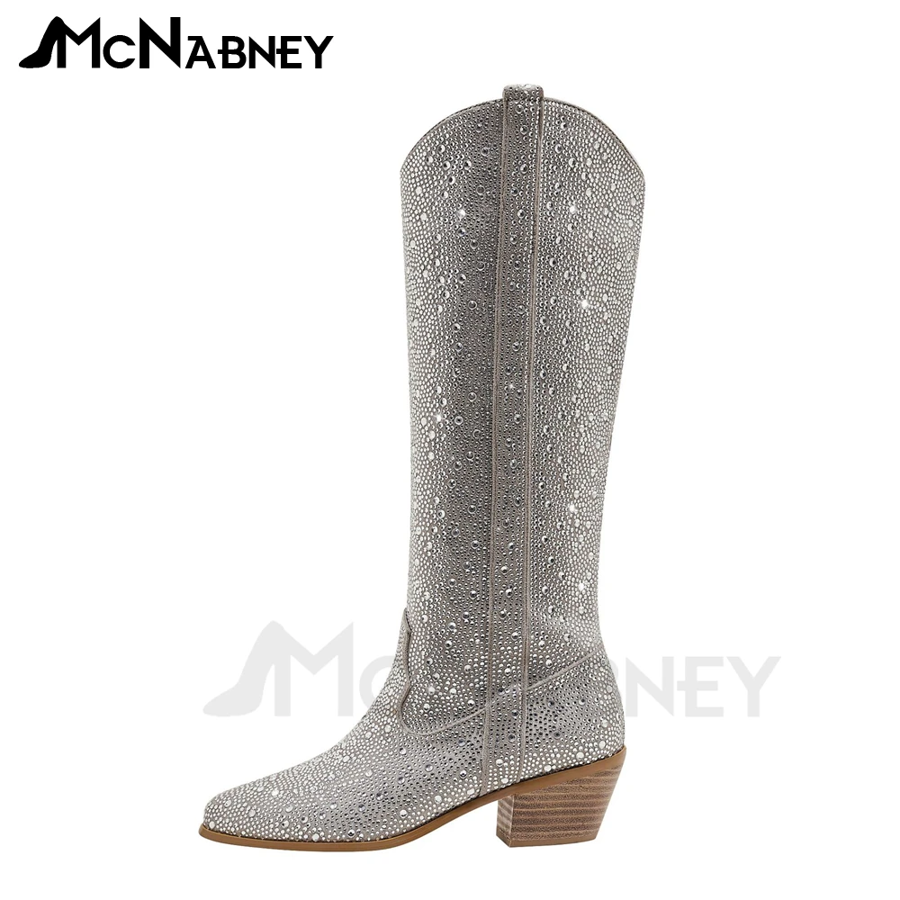 Rhinestone Western Cowboy Knee Boots Pointed Toe Wedge Boots for Women Fashion Luxury Style High Heels Bling Bling Slip On Boots