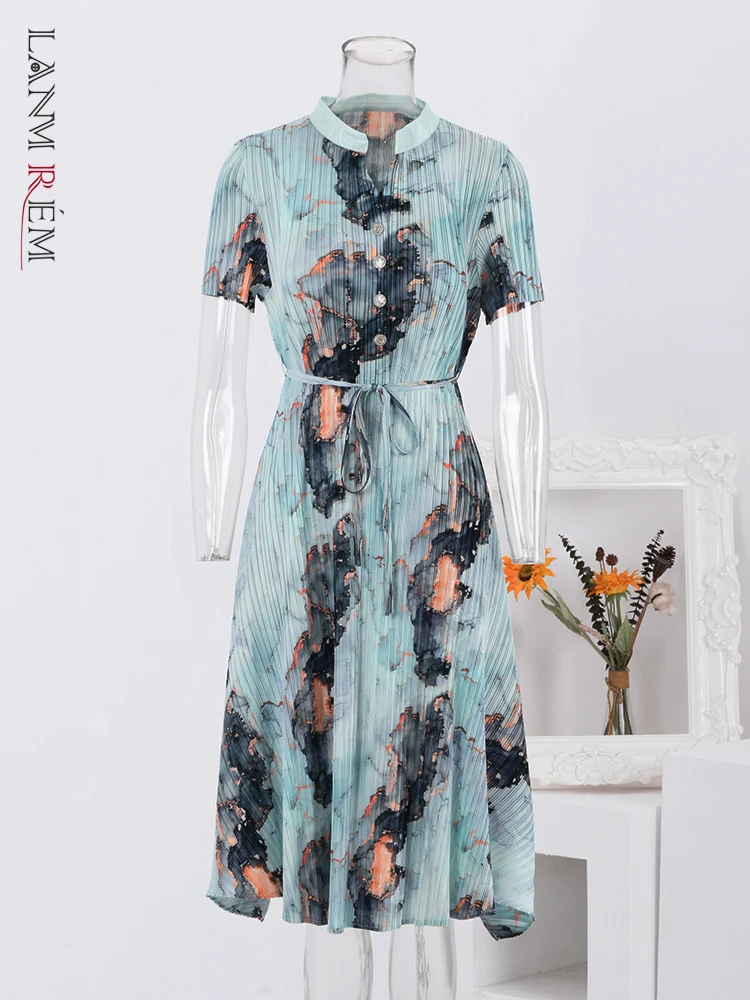 

LANMREM Elegant Print Pleated Dress Women Short Sleeves Belt Gathered Waist Mid Length Dresses Fashion 2024 New Clothing 32A446