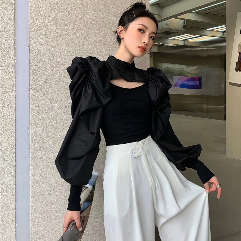 

Fashion Design Tops For Women 2022 Autumn New Slim Fit Sexy Trendy Puff Sleeve Black Sweater Long-Sleeve Pullovers