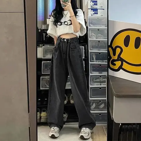 Jeans For Women High Waist Leisure Denim Trousers Wide Leg Denim Clothing Black Vintage Fashion Korea Loose Straight Pants