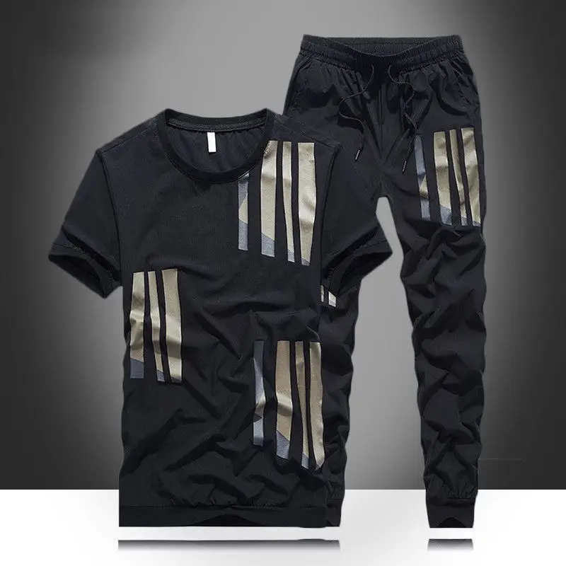 Men's Summer Sports Leisure Ice Silk Thin Fashion Trend Fitness Short Sleeve T-Shirt Trousers Two-Piece Set