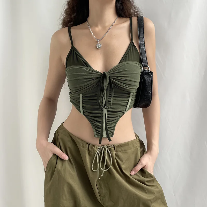 

Fairy Punk Aesthetics Patchwork Bandage Mesh Corset Tops Women Y2K Goblincore Sexy Backless V-neck Green Slip Top Slim