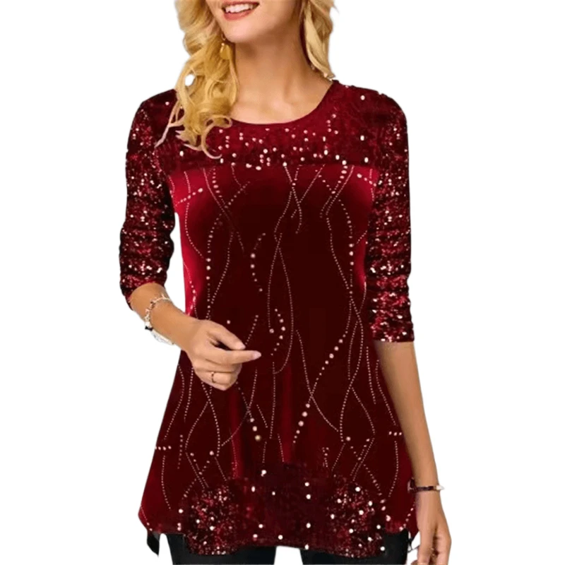 

Женская рождественская туника, топы с графическим принтом, с длинным рукавом и круглым вырезом, рождественские Женские пышные топы с блестк...